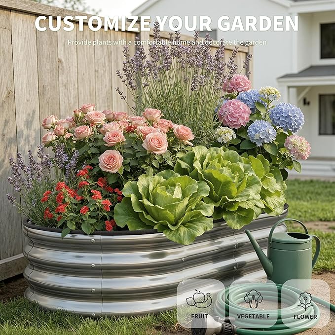 Galvanized Metal Raised Garden Bed Kit for Outdoor Planter Boxes with Easy Assembly,Oval Large Galvanized Gardening Raised Bed for Vegetables, Fruits, Flower (Silver, 4 * 2 * 1ft-2P)