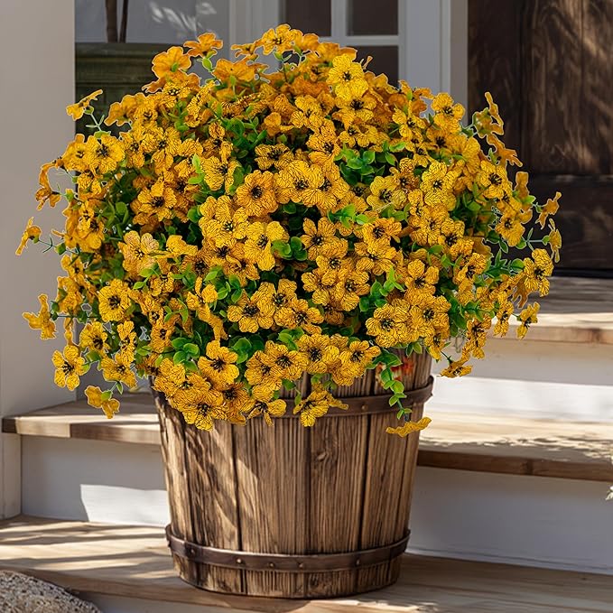 Artificial Fall Flowers for Outdoors Fake Mums - 16 Bundles Faux Plants Outside Greenery Boxwood No Fade Plastic Shrubs Decor Farmhouse Home Garden Thanksgiving (Yellow)