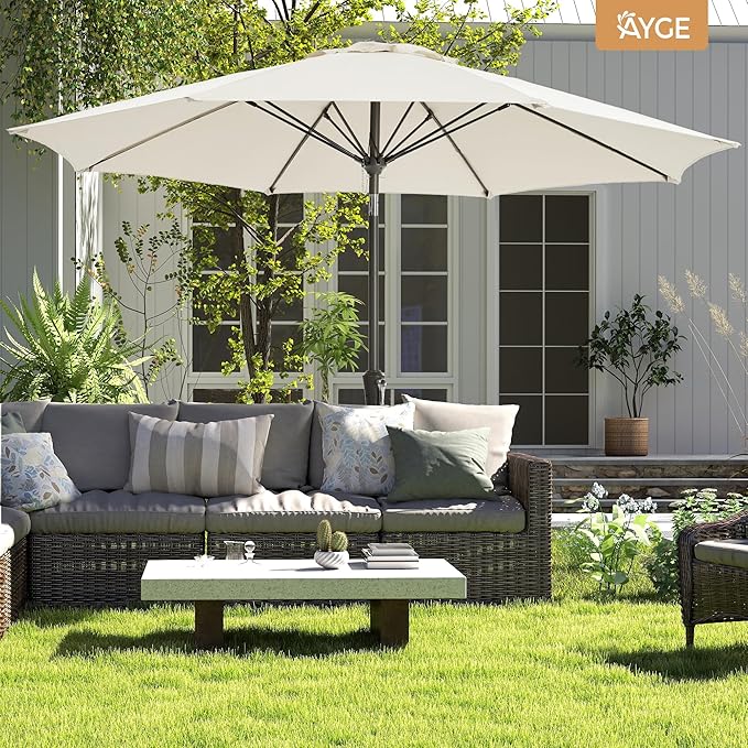 Ayge 9FT Large Outdoor Patio Umbrella Market Table Umbrella-UV Resistant, Easy Push Button Tilt and Crank, 8 Sturdy Fiberglass Ribs Heavy-Duty Pool Umbrella for Deck, Backyard,Garden,White