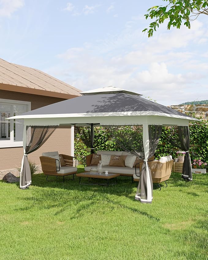 Canopy Tent 12x12 ft, Pop Up Gazebo One-Push Setup with 4 SandBags for Backyard Parties and BBQs, Mosquito Netting & Height Adjustable - Grey