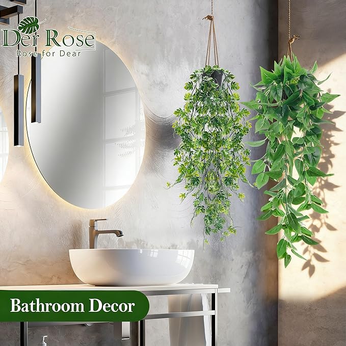 Der Rose 8Pcs Fake Plants Hanging Artificial Ivy Vine Faux Eucalyptus Hanging Plants for Home Boho Wall Shelf Indoor Outdoor Decor (Black Pots)
