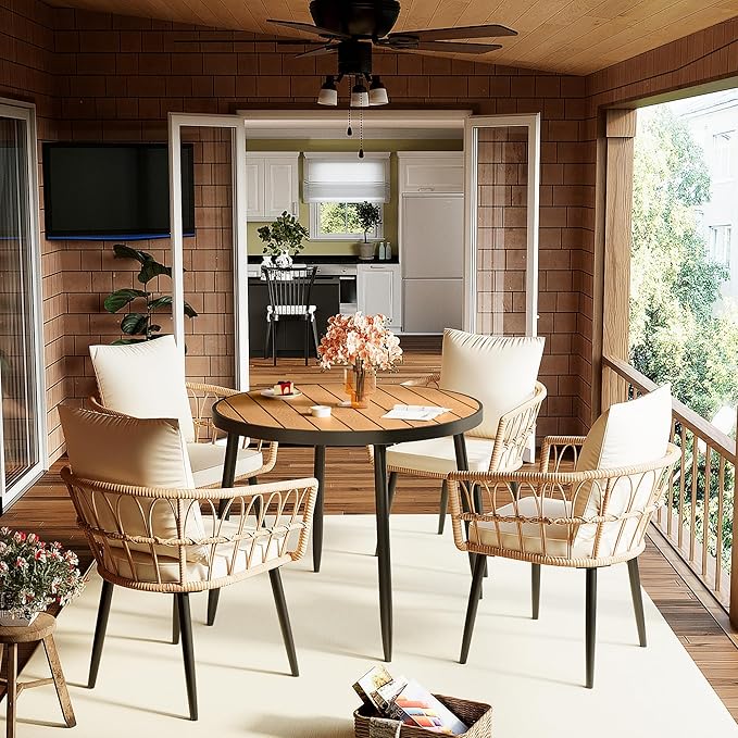 Pamapic 5-Piece Outdoor Dining Set, All-Weather PE Rattan Outdoor Furniture Set with Wood Table Top, Patio Dining Set with Cushion Chairs & Round Table for Garden, Lawn, Patio (Yellow & White)