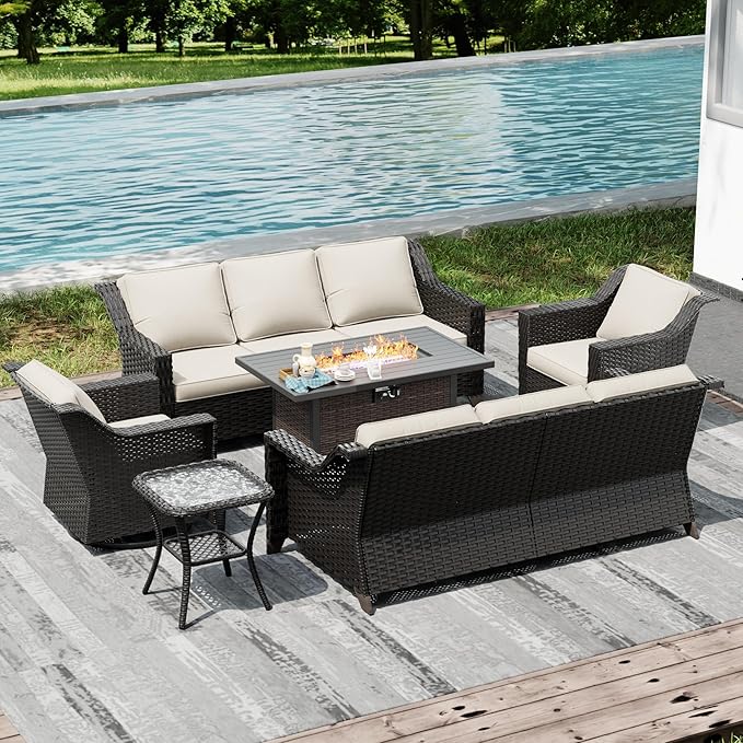 Joyside Wicker Patio Furniture Sets, 6 Pieces Upgraded Large Size Outdoor Furniture with Swivel Rocking Patio Chairs, Two 3-Seat Sofa, Fire Table, Coffee Table, Thick Cushions, Wide Armrest, Beige