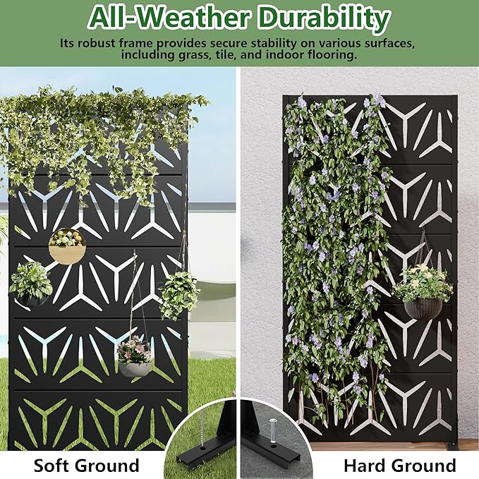 Casaphoria Metal Privacy Screen Outdoor, 60" H x 30" W Freestanding Decorative Privacy Screen for Patio Deck Balcony Garden with Stable Base, Black-Star