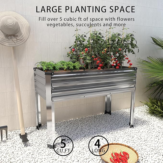 Galvanized Raised Garden Bed with Legs,48×18×30in Elevated Planter Box for Backyard,Outdoor Garden, Patio, Balcony, 300lb Capacity,Silver