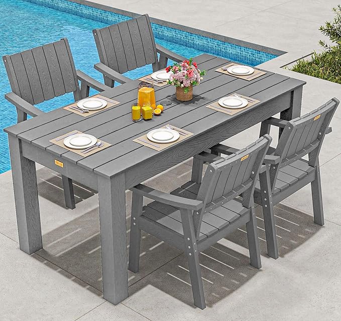 ZHUSI Patio Table and Chairs Set, Outdoor Table and Chairs,HDPE Outdoor Dining Set with Umbrella Hole for Backyard, Poolside, Porch 6 Armchairs