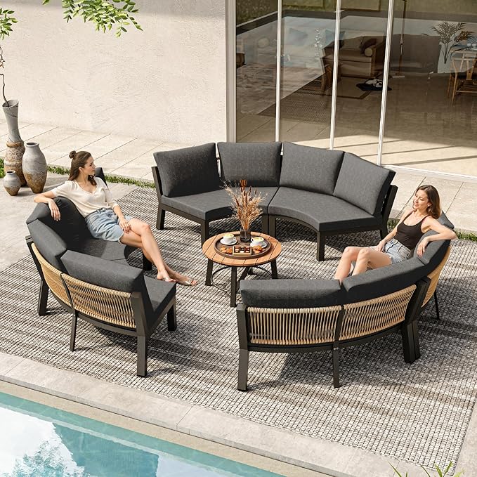 Outdoor Aluminum Patio Furniture Set, 7 Piece Curved Outdoor Sectional Sofas with Coffee Table, PE Rope Patio Conversation Sets, All-Weather Patio Couch Sets with Cushions, Graphite