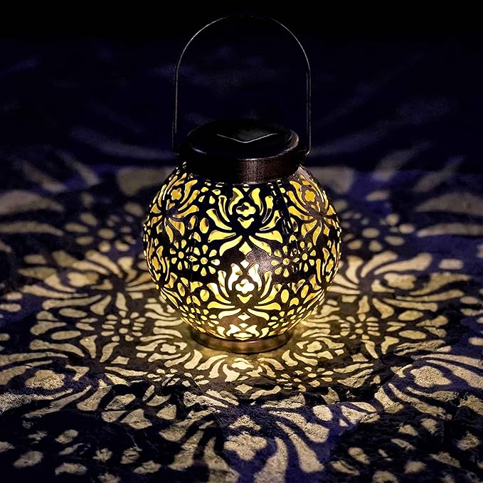 2 Pack Outdoor Solar Hanging Lantern Lights Metal LED Decorative Lamp for Garden Patio Courtyard Lawn and Table with Hollowed-Out Design (Bronze)