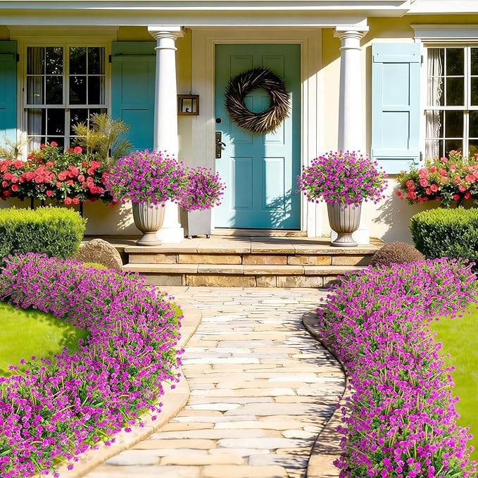 20 Bundles Artificial Flowers for Outdoors Fake Plastic Flowers UV Resistant Realistic Faux Plants Shrubs for Spring Summer Garden Porch Yard Patio Planter Window Box Home Decor, Fuchsia