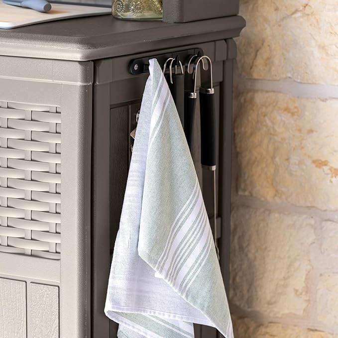 Suncast Patio Plastic Storage and Prep Station with Decorative Wicker Pattern and Multi Wall Panels for Patio, Garden, and Lawn Use, Stoney Gray