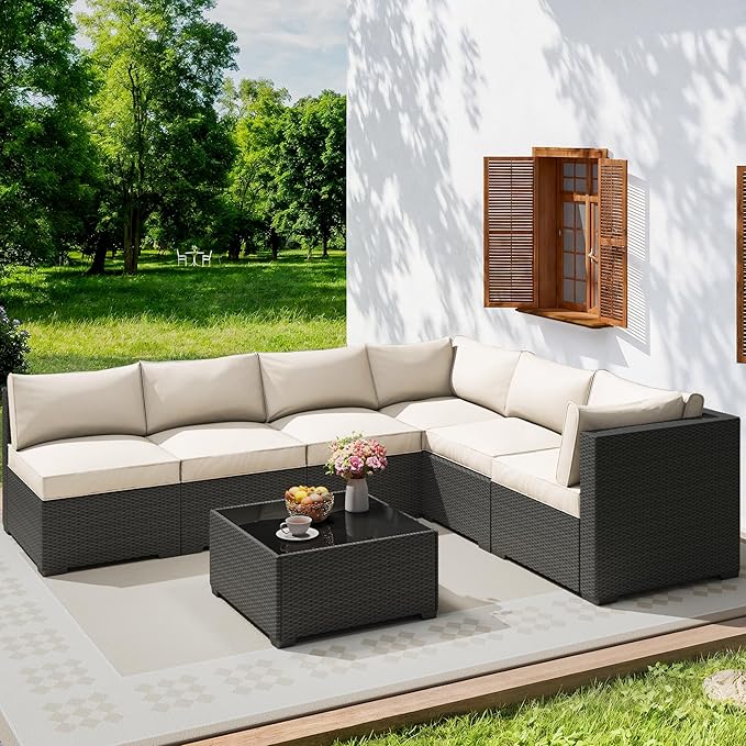 7 Piece Outdoor Patio Furniture Set, Outdoor Sectional Furniture, Rattan & Wicker Modern Modular Conversation Set Sofa Couch W/Water Resistant Washable Thick Cushions, Coffee/Beige