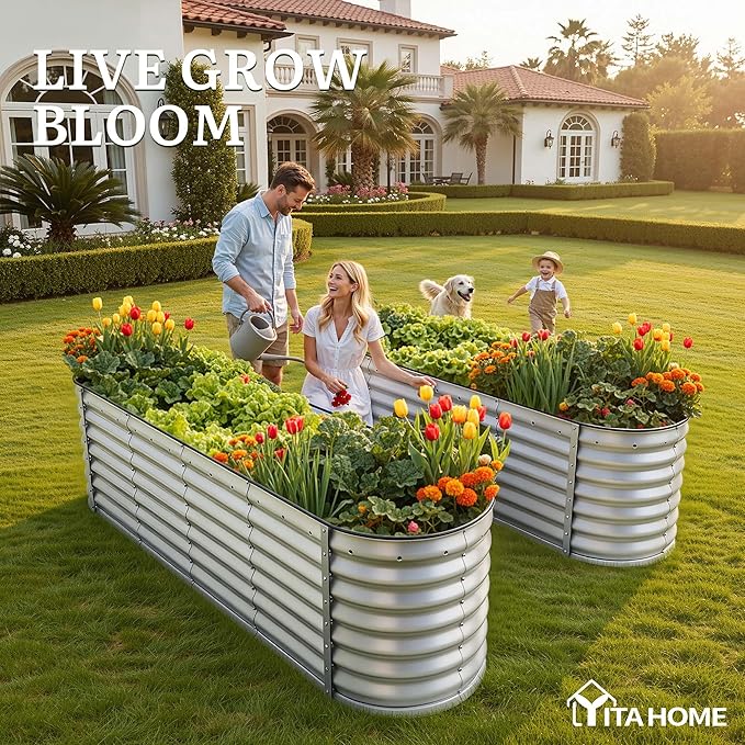 YITAHOME 24" Tall 9 in 1 Large Raised Garden Bed Kit, 8x2x2ft Galvanized Metal Planter Box with Gloves and Safety Rubber, Outdoor Above Ground Planters for Plants Vegetables Flowers, Silver