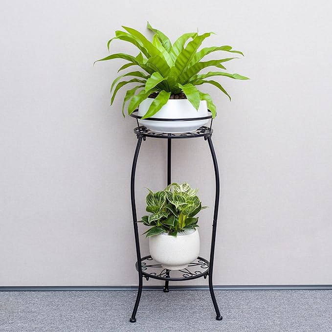 FaithLand Plant Stand, Metal Planter Holder Indoor Outdoor, 2 Tier Round Potted Supports Rack, Corner Display Shelf Black, Tall