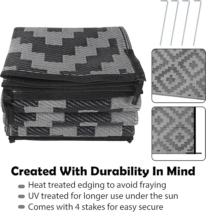 SAND MINE Waterproof Outdoor Rug 6x9 ft, Plastic Reversible Rug, Modern Area Rug, Large Floor Mat for Outdoors, RV, Patio, Backyard, Deck, Picnic, Beach, Camping, Black Grey Lattice