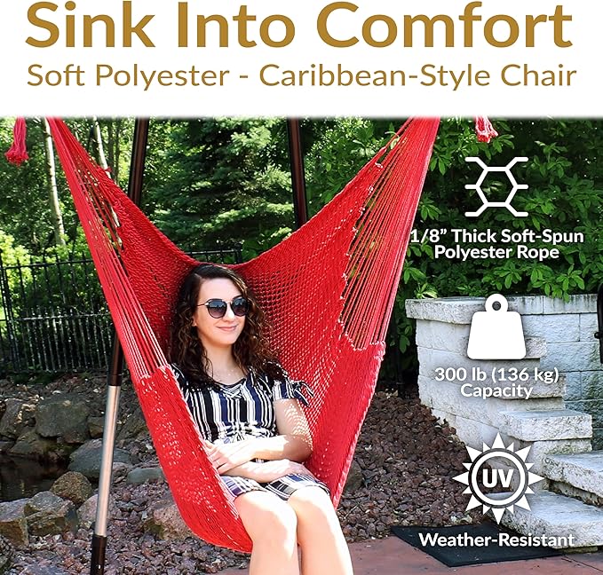 Sunnydaze Outdoor Hammock Chair Swing - Hanging Hammock Swing - Hanging Reading Chair - Soft-Spun Polyester Rope - Caribbean XL - Red