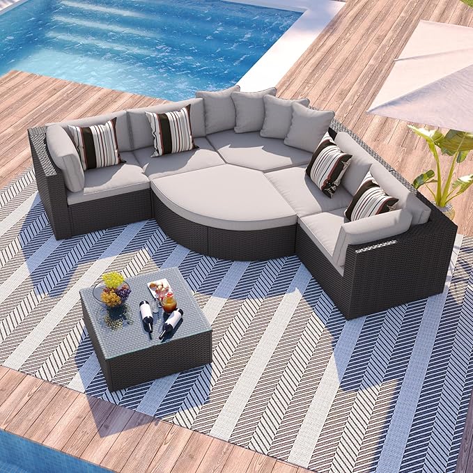 Merax 7-Piece Outdoor Wicker Sectional Sofa Set,Modular Rattan Conversation Set with Gray Cushions,Striped Green Pillows & Tempered Glass Coffee Table for Patio,Garden,Deck,Brown