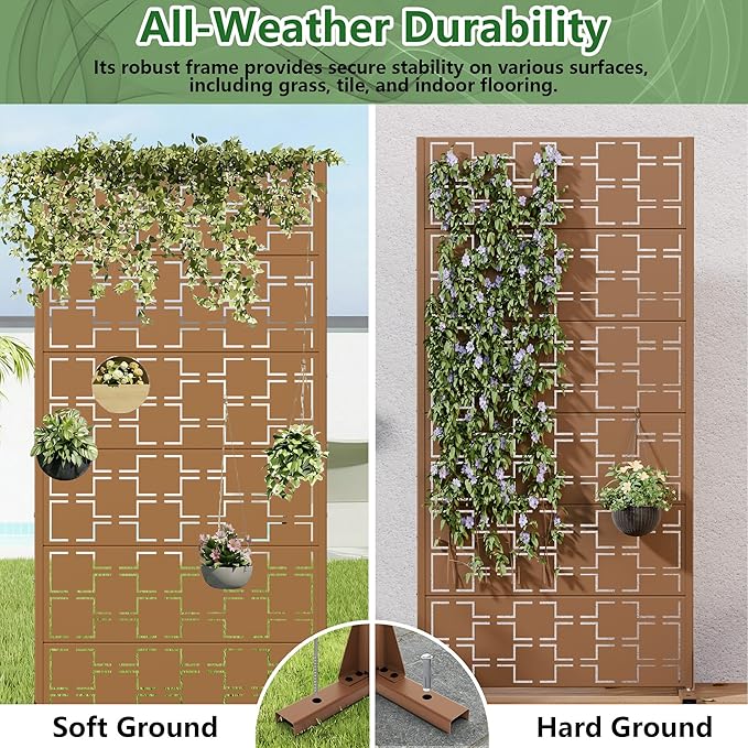 Casaphoria Metal Privacy Screen Outdoor, 72" H x 35" W Freestanding Decorative Privacy Screen for Patio Deck Balcony Garden with Stable Base, Brown-Square