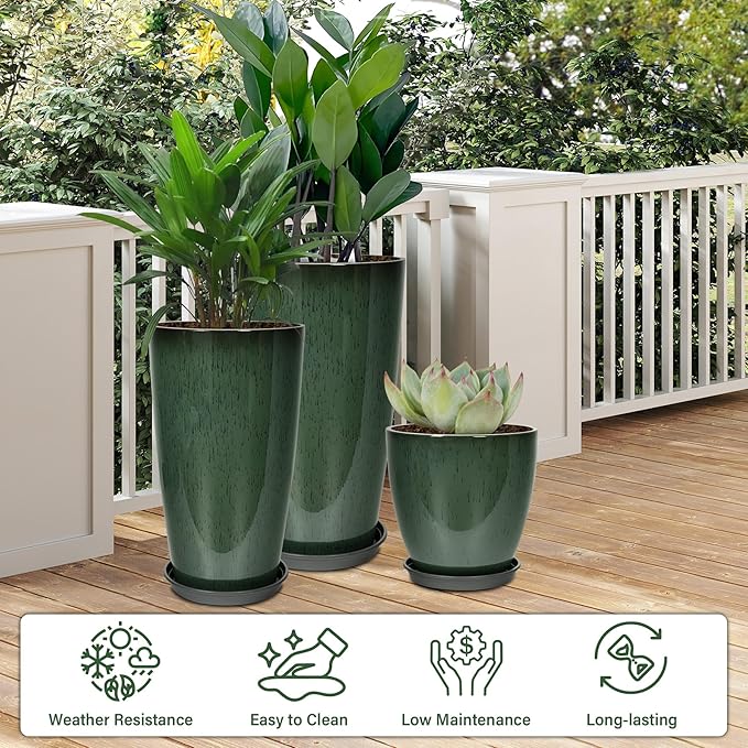 24/21/12 Inch Large Plastic Planter, Lightweight Ceramic-Look Tall Planters with Drain Hole & Saucers, Tall Plastic Planters for Porch, Garden, Patio, Balcony(Dark Green)