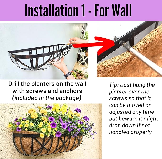 LaLaGreen 24 Inch, 4 Pack Window Boxes Planters – Black Metal Window Boxes for Outdoor Plant, Wall Mount Flower Pot with Coco Coir Liner, Attach to House Fence Balcony Herb for Patio Porch Garden