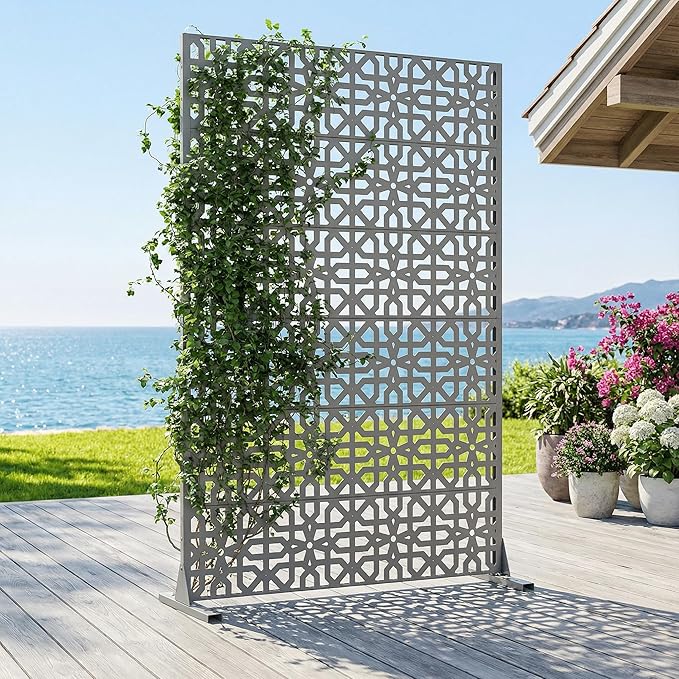 Casaphoria Metal Privacy Screen Outdoor, 72" H x 47" W Freestanding Decorative Privacy Screen for Patio Deck Balcony Garden with Stable Base, Grey-Perilla