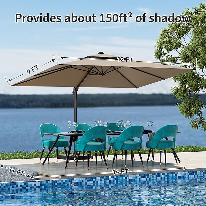9x12FT Brown Cantilever Outdoor Patio Umbrella with Base, Large Rectangular Offset Design, Double Top Heavy Duty Aluminum Frame & 360° Rotation for Pool Garden Deck Backyard