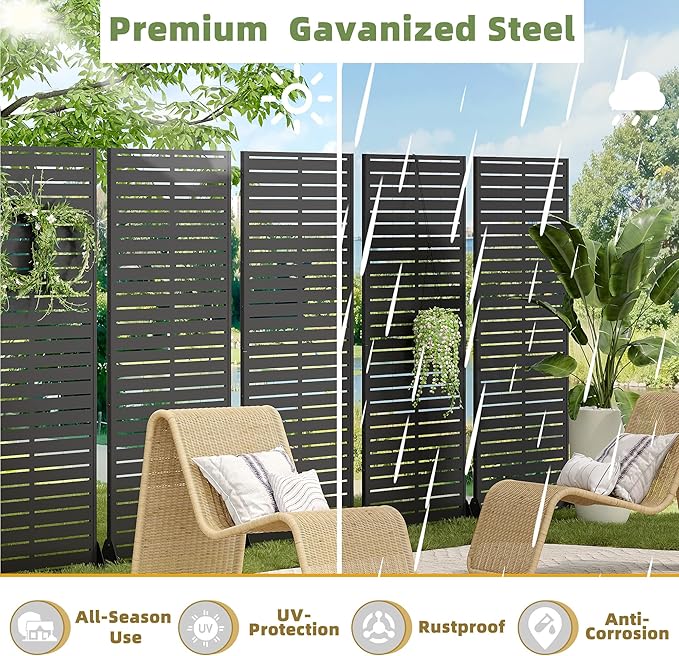 Casaphoria Metal Privacy Screen Outdoor, 72" H x 35" W Freestanding Decorative Privacy Screen for Patio Deck Balcony Garden with Stable Base, Black-Louvered