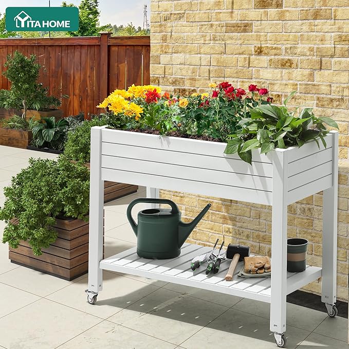 YITAHOME 43.3x17.7x34 in Elevated Garden Bed, Outdoor Plastic Planter Box with Wheels, Legs, Drain Plug, and Storage Shelf for Plants, Vegetables, Flowers, Herbs, Grayish-White