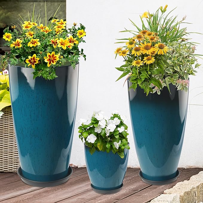 24-21-11 Inch Tall Planters Set of 3, Indoor Outdoor Blue Glossy Round Planter with Drainage Hole and Saucer, Large Decorative Plant Pots for Home Garden Porch (Blue)