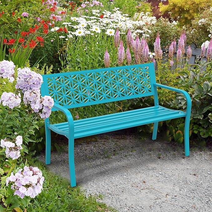 VINGLI 50" Outdoor Bench Metal with Floral Back, Garden Bench Front Porch Benches for Yard Patio Entryway Park, 800lb Capacity - Blue