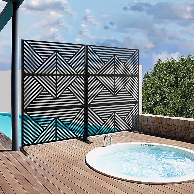 Casaphoria Metal Privacy Screen Outdoor, 72" H x 47" W Freestanding Decorative Privacy Screen for Patio Deck Balcony Garden with Stable Base, Black Zodiac