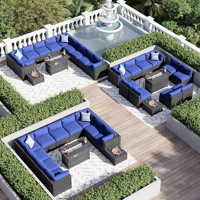Aoxun 10 Piece Patio Furniture Set Wicker Rattan Patio Sectional Sofa Set Outdoor Seating Furniture with Thickened Cushion, Navy Blue