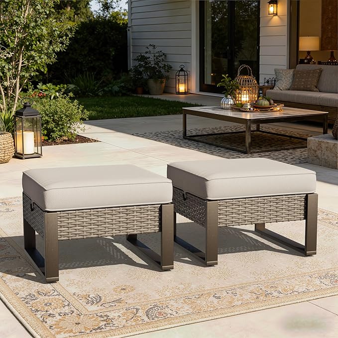Joyside Outdoor Patio, All-Weather PE Rattan Ottomans Footstools with Removable Cushions & Anti-Rust Wood-Looking Legs for Garden, Backyard, Porch, Deck (Beige)