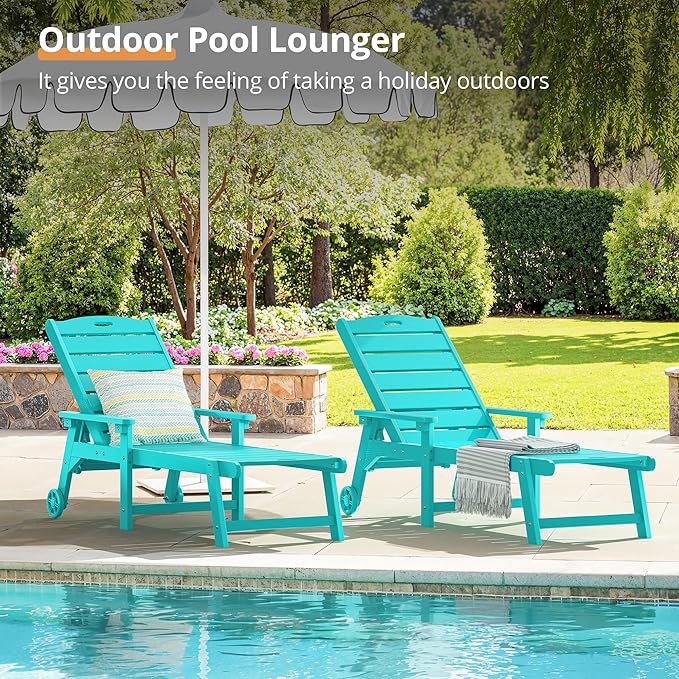 LUE BONA Chaise Lounge Chair with Table, 6-Piece, HDPS Chaise Lounger, 5 Positions Adjustable Lounge Chairs, Pool Lounge Chair with Wheels for Poolside, Backyard, Aruba Blue