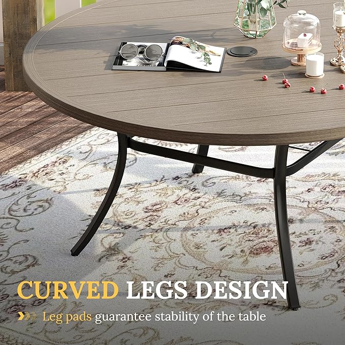 VICLLAX 63" Outdoor Round Patio Table with Umbrella Hole, All Weather Metal Round Outdoor Dining Table for Lawn Garden, 8-10 Person Table, Grey Wood Grain