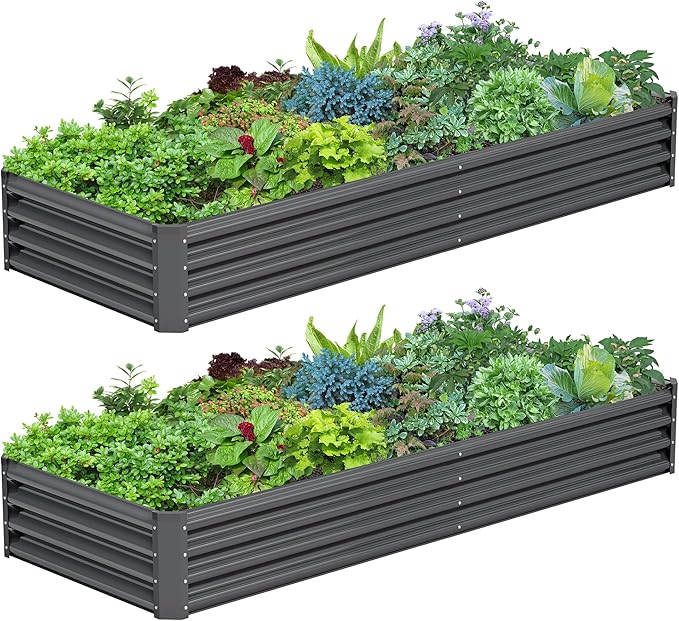 2PCS 8x2x1FT Galvanized Raised Garden Bed, Galvanized Planter Raised Garden Boxes Outdoor, Large Metal Raised Garden Beds for Vegetables-Grey