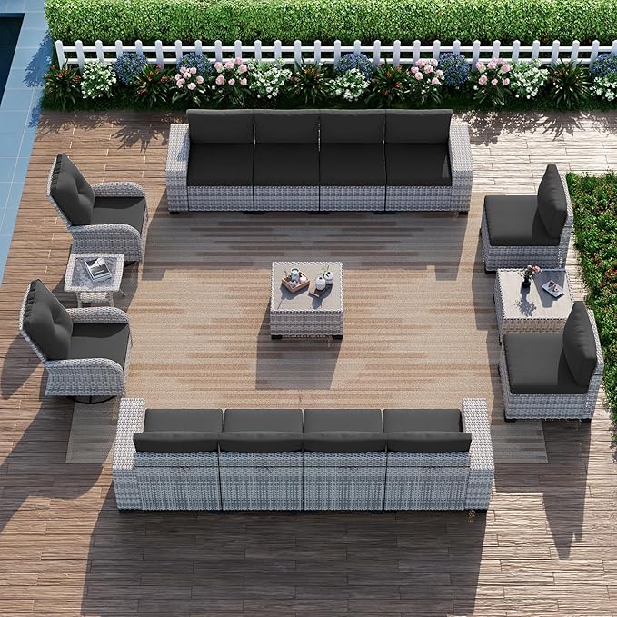 15-Piece Outdoor Patio Furniture Set with Rocking Swivel Chair Wicker Sectional Sofa Set, Patio Conversation Set with Thickened Cushions & Coffee Table for Garden, Backyard, Dark Grey
