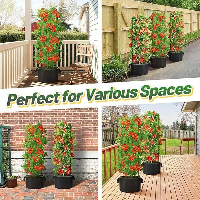 ANPHSIN 3 Sets Tomato Cages with 7 gal Grow Bags - 47'' Stable Plant Garden Planters, Flexible Vegetable Trellis for Balcony Deck Yard Tomatoes Peppers Eggplants Flowers