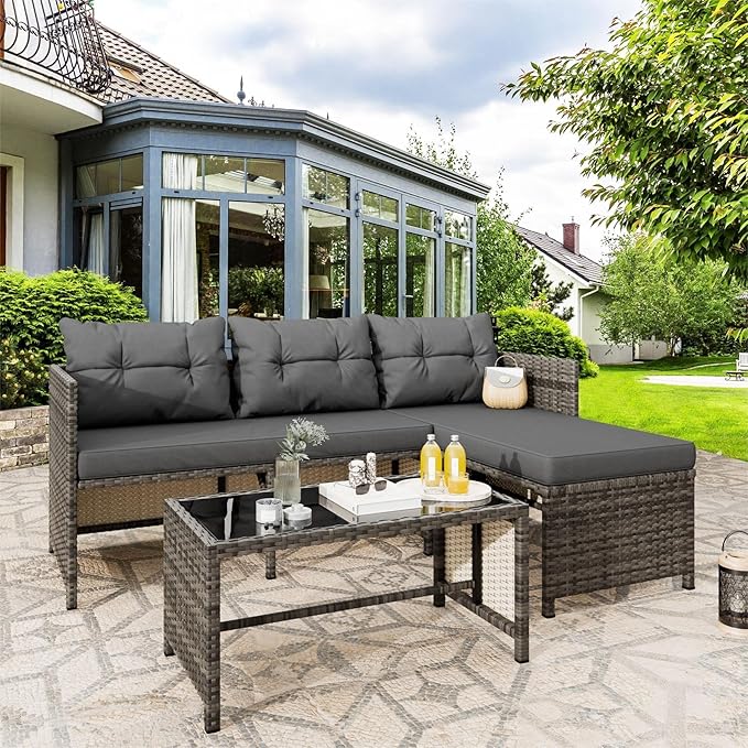 Vongrasig 3 Pieces Patio Furniture Sets, All-Weather Wicker Outdoor Sofa Couch Sectional Set, Small Conversation Set for Patio, Garden w/Cushion, Glass Table, (Grey)