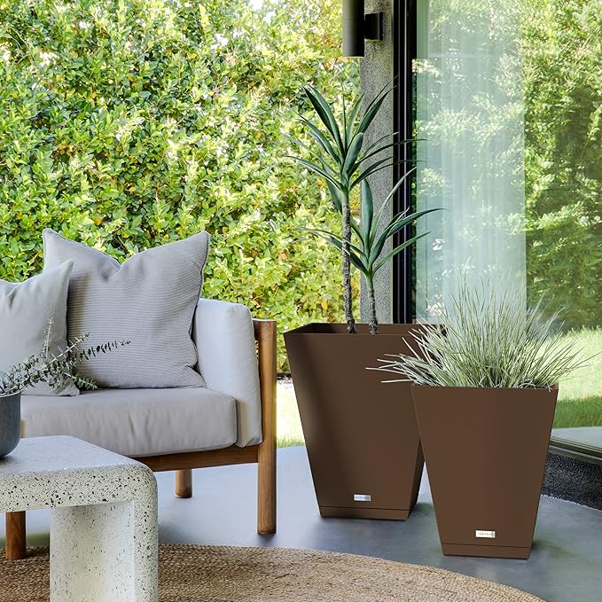 Veradek Nobleton Indoor/Outdoor Wide Square Planter (Espresso, 18" - 2 Pack with 2 Saucer Trays)