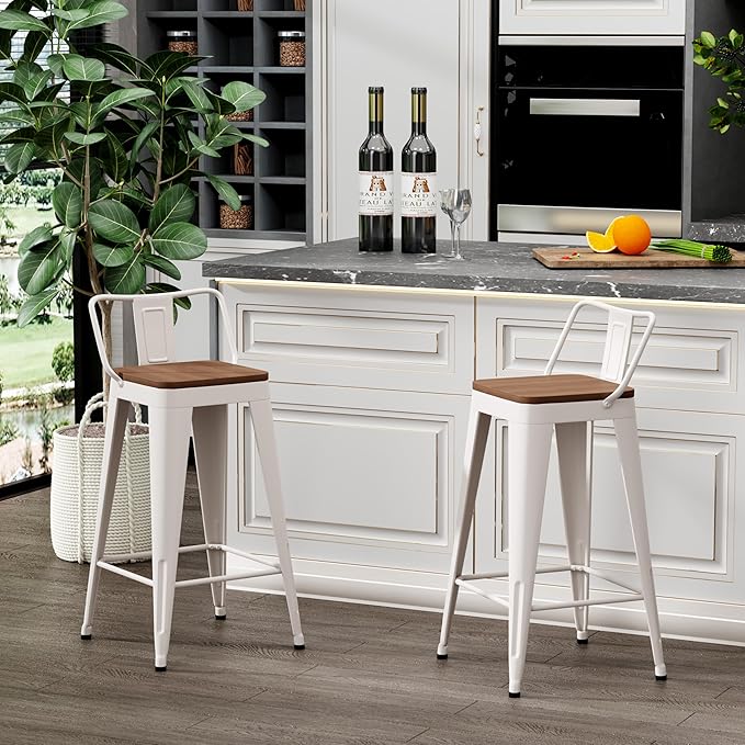 WENTMENT Metal Bar Stools Set of 2 Counter Height Barstools with Removable Back 24" Kitchen Bar Stools with Wooden Seat,Off White