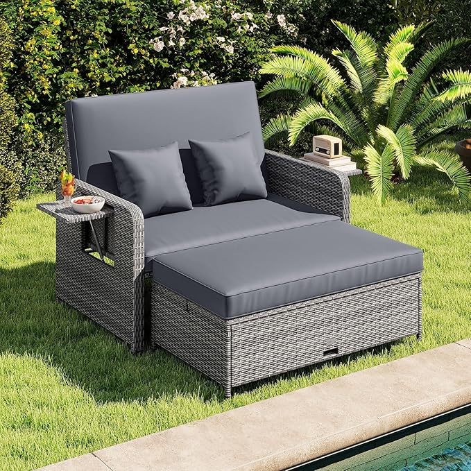 Tangkula Patio Rattan Daybed with 4-Level Adjustable Backrest, Outdoor PE Wicker Loveseat with Storage Ottoman & Folding Side Table, Double Sunbed for Balcony, Backyard & Poolside, Grey