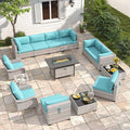 10-Seat Outdoor Wicker Patio Furniture Set with Fire Pit Table, Modular Rattan Sectional Sofa & 2 Swivel Rocking Chairs, 4" Thick Cushions, Rust-Resistant Frame,Blue