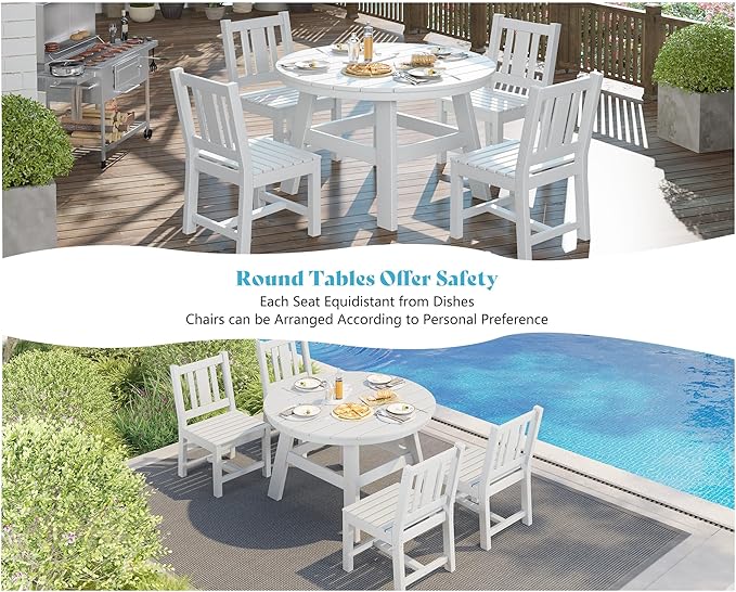 AMERLIFE 5 Piece HDPE Outdoor Dining Table & Chairs Set, All-Weather Patio Table and Chairs Set Furniture with Umbrella Hole for Garden, Backyard, Poolside, Seaside, White