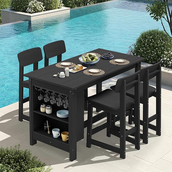 SERWALL Outdoor Bar Table and Chairs Set, 5-Piece HDPE Counter Height Patio Dining Sets with Storage and Wine Rack, Rectangular High Top Bar Table with 4 Bar Stools for Garden, Backyard, Black