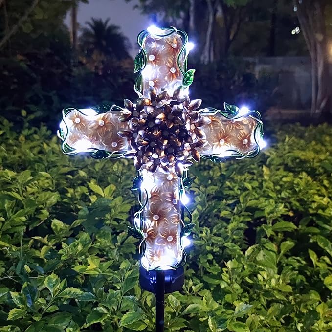 38inch Cross Garden Solar Lights Outdoor Decorative - Solar Metal&Glass Cross Apricot Hydrangea Flower Stake Lights- Waterproof 20 White LED for Remembrance Gifts & Sympathy Gifts