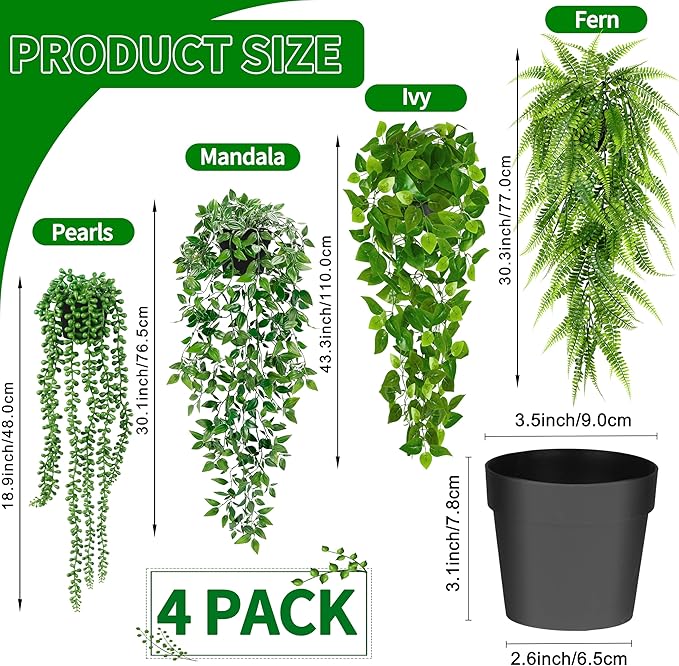 Palonu Artificial Hanging Plants for Shelf, 4 Pack Fake Potted Greenery Plant Faux Mandala Vine, String of Pearls, Ivy Vine,Persian Grass Fern in Pot for Desk Home Bathroom Farmhouse Room Table Decor