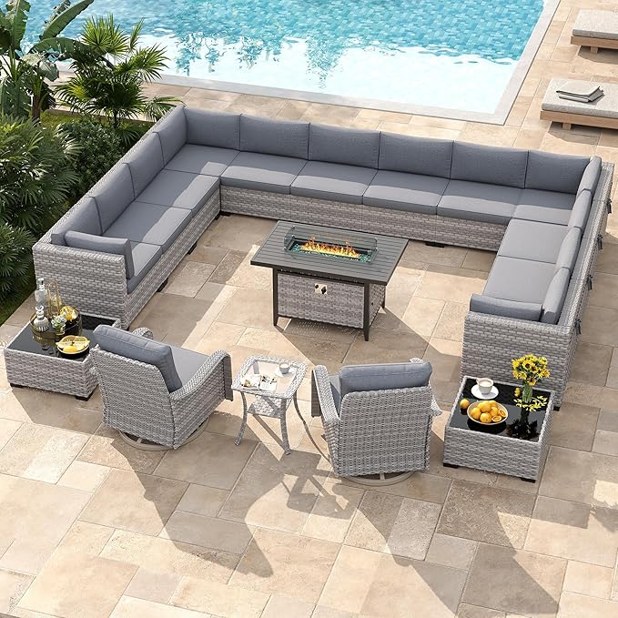 14-Seat Outdoor Wicker Patio Furniture Set with Fire Pit Table, Modular Rattan Sectional Sofa & 2 Swivel Rocking Chairs, 4" Thick Cushions, Rust-Resistant Frame,Gray