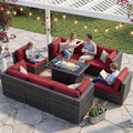 NICESOUL 9 Piece Large Patio Furniture Set with Fire Pit Table Propane/Natural Gas, 29.3'' High Back Wicker Outdoor Sectional Sofas, Wide Conversations for Heavy Weight, 2 Color Cushions Wine & Gray