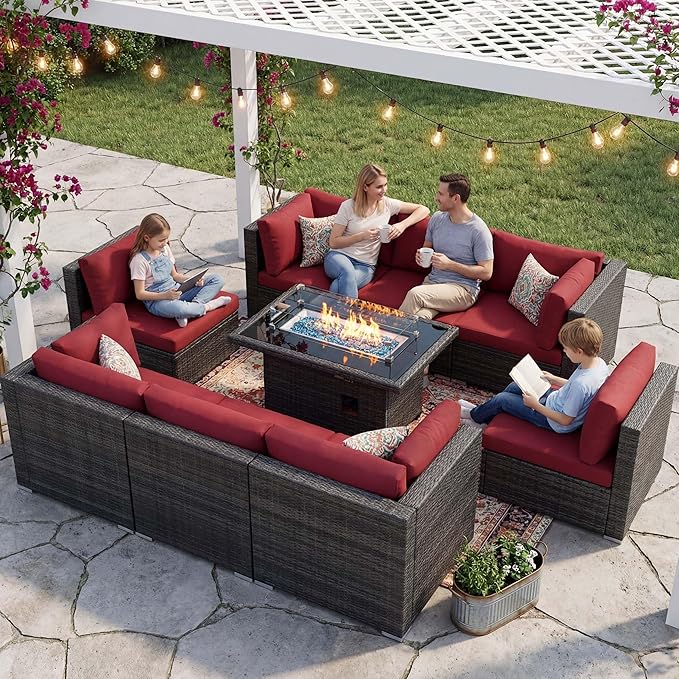 NICESOUL 9 Piece Large Patio Furniture Set with Fire Pit Table Propane/Natural Gas, 29.3'' High Back Wicker Outdoor Sectional Sofas, Wide Conversations for Heavy Weight, 2 Color Cushions Wine & Gray