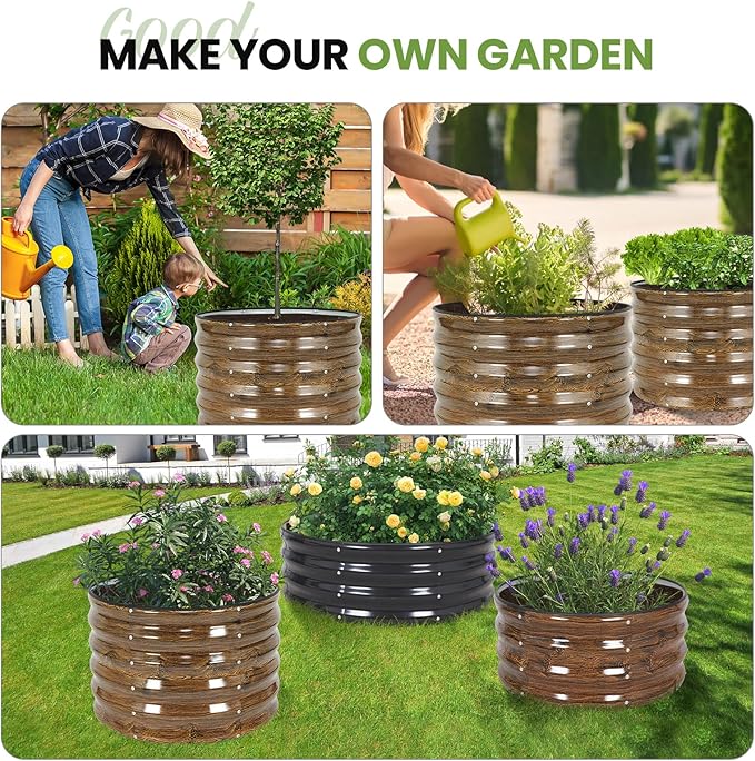 G GOOD GAIN Round Raised Garden Bed - 2x2x1.4ft Galvanized Steel Planter Boxes Outdoor with Rubber Edge Trim | Metal Raised Beds for Gardening Vegetables Flowers Fruits Herbs (Wood Grain)
